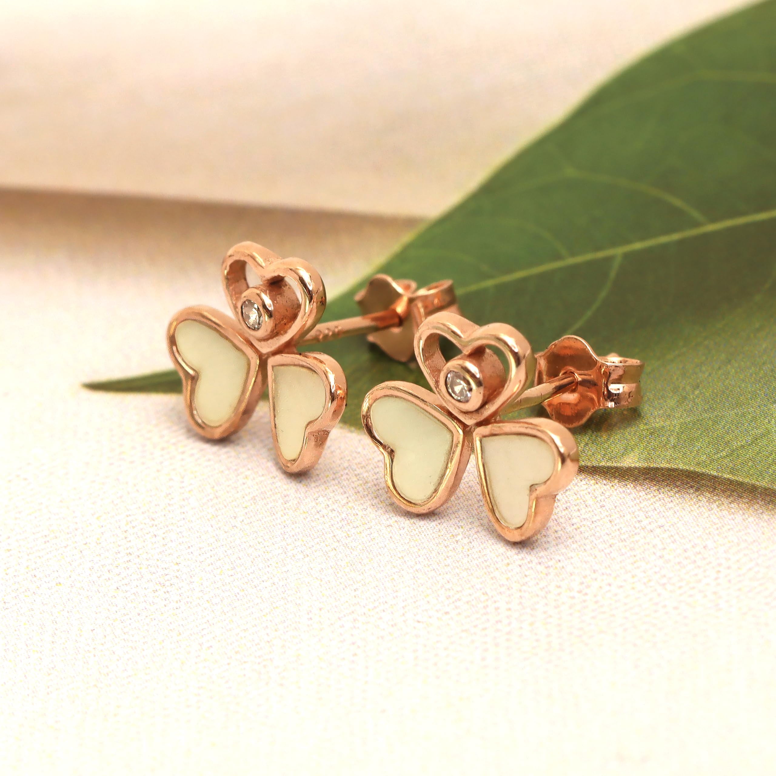 LeCalla 925 Sterling Silver Rose Gold-Plated Mother of Pearl Happy Hearts Wings Stud Earrings for Women and Teen 10MM