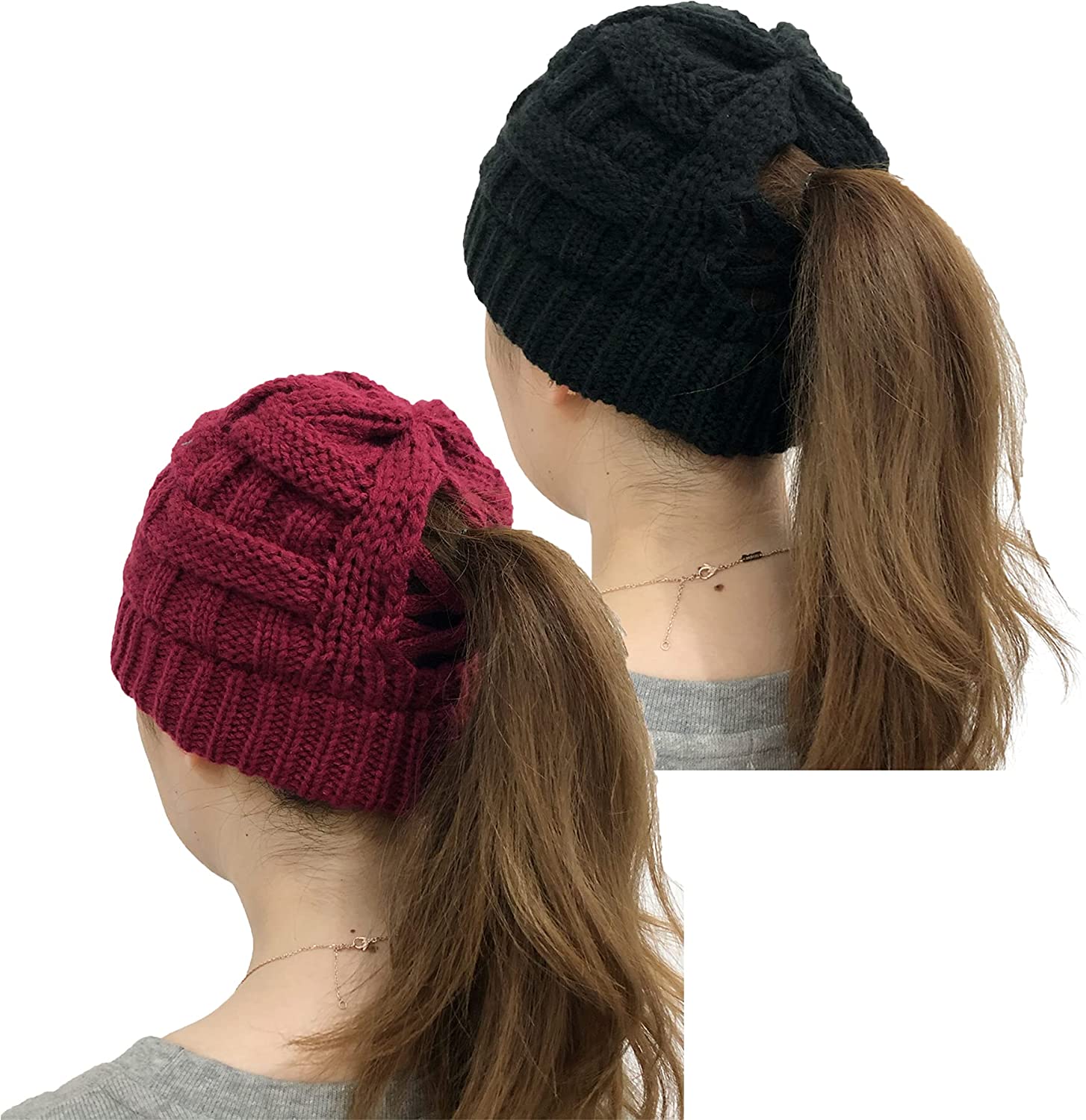 Ponytail Beanie Hat - Women Knit Winter 