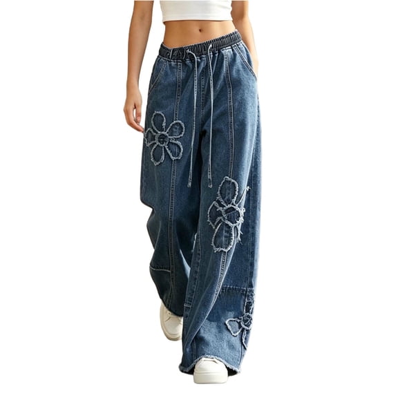 Miqool Women's Y2K Baggy Jeans Boho Wide Leg Jeans Low Rise Casual Denim Pants Floral Drawstring, Elastic Waist Pant, Pockets