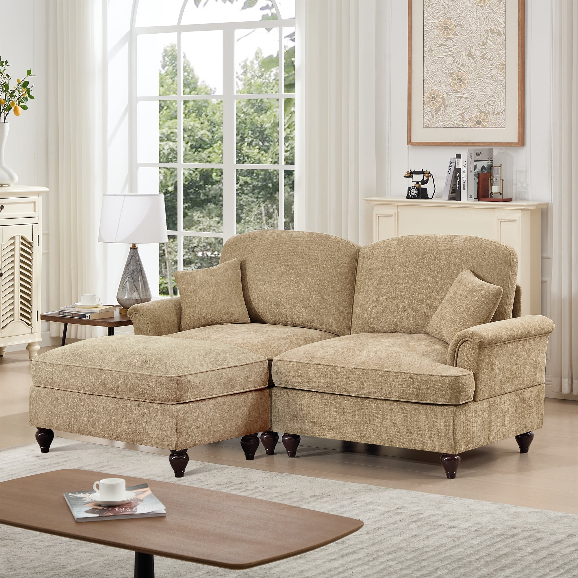 Newest Elegant Large Two Seater Modular L Shaped Sofa Couch, Flared Arms, Removable Ruffles Pleats Skirts, Spindle Legs,Comfy Chenille Loveseat Sofa, Movable Ottoman,Light Coffee
