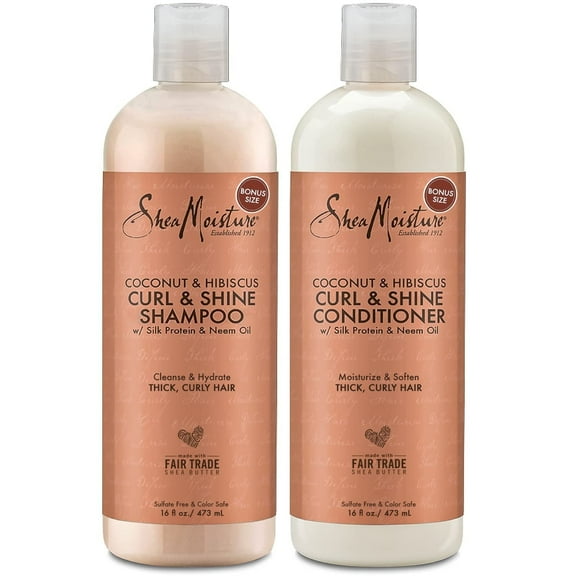 SheaMoisture Shampoo and Conditioner Set, Coconut & Hibiscus Curl & Shine, Curly Hair Products with Coconut Oil, Vitamin E & Neem Oil, Frizz Control, Family Size, 16 Fl Oz Ea