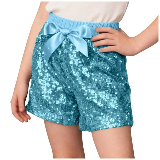 Pantalones cortos de lentejuelas con lazo de color sólido para niños con cintura elástica, ropa de actuación para festivales, pantalones de baile, pantalones de poliéster para niños