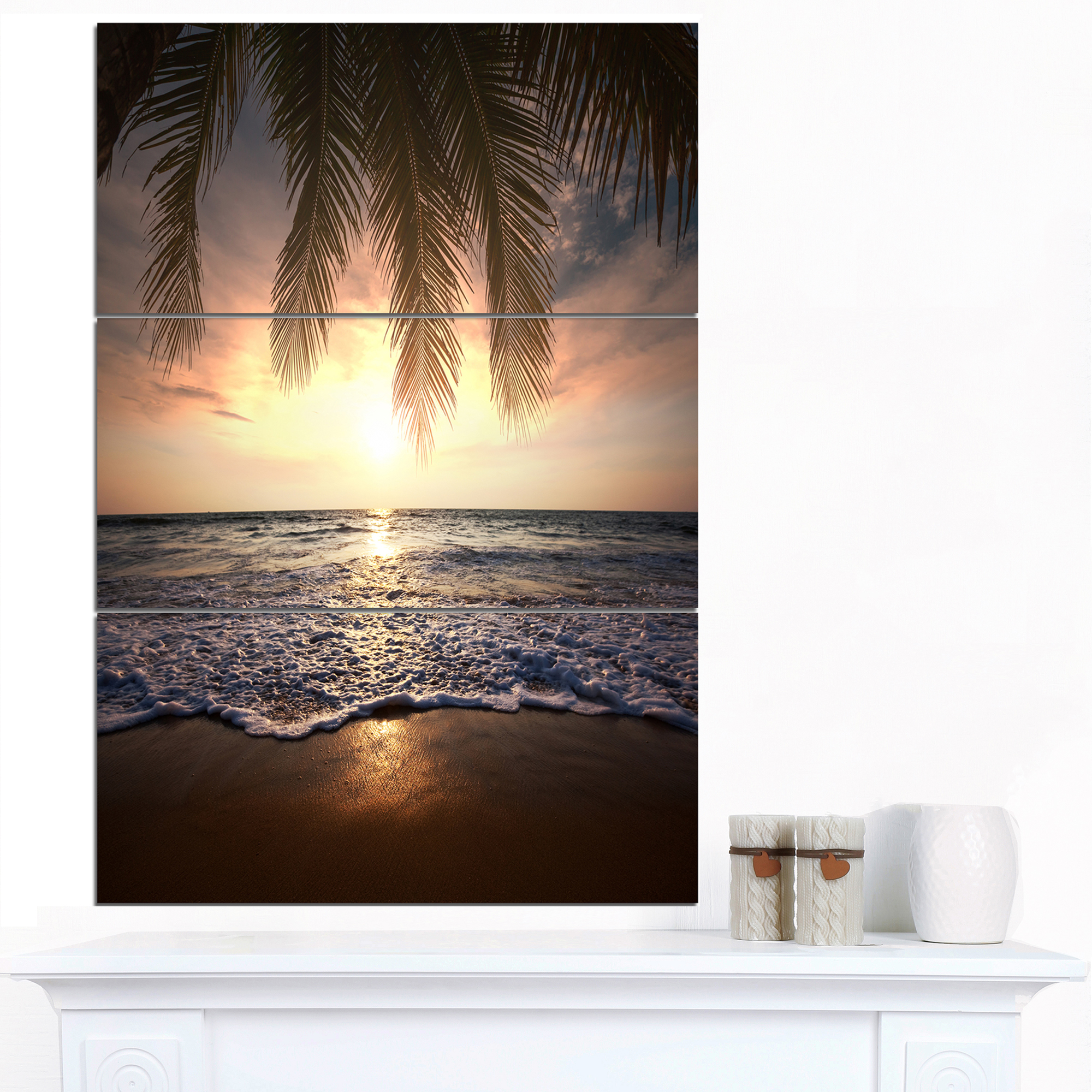 Designart 'Tropical Beach with Palm Leaves ' Seashore Canvas Art Print