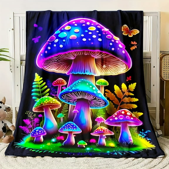 1pc Vibrant Neon Mushroom Print Fleece Blanket - Soft, Warm Reversible Flannel Throw with Magical Forest Design for Sofa, Bed, Travel, Camping - Machine Washable