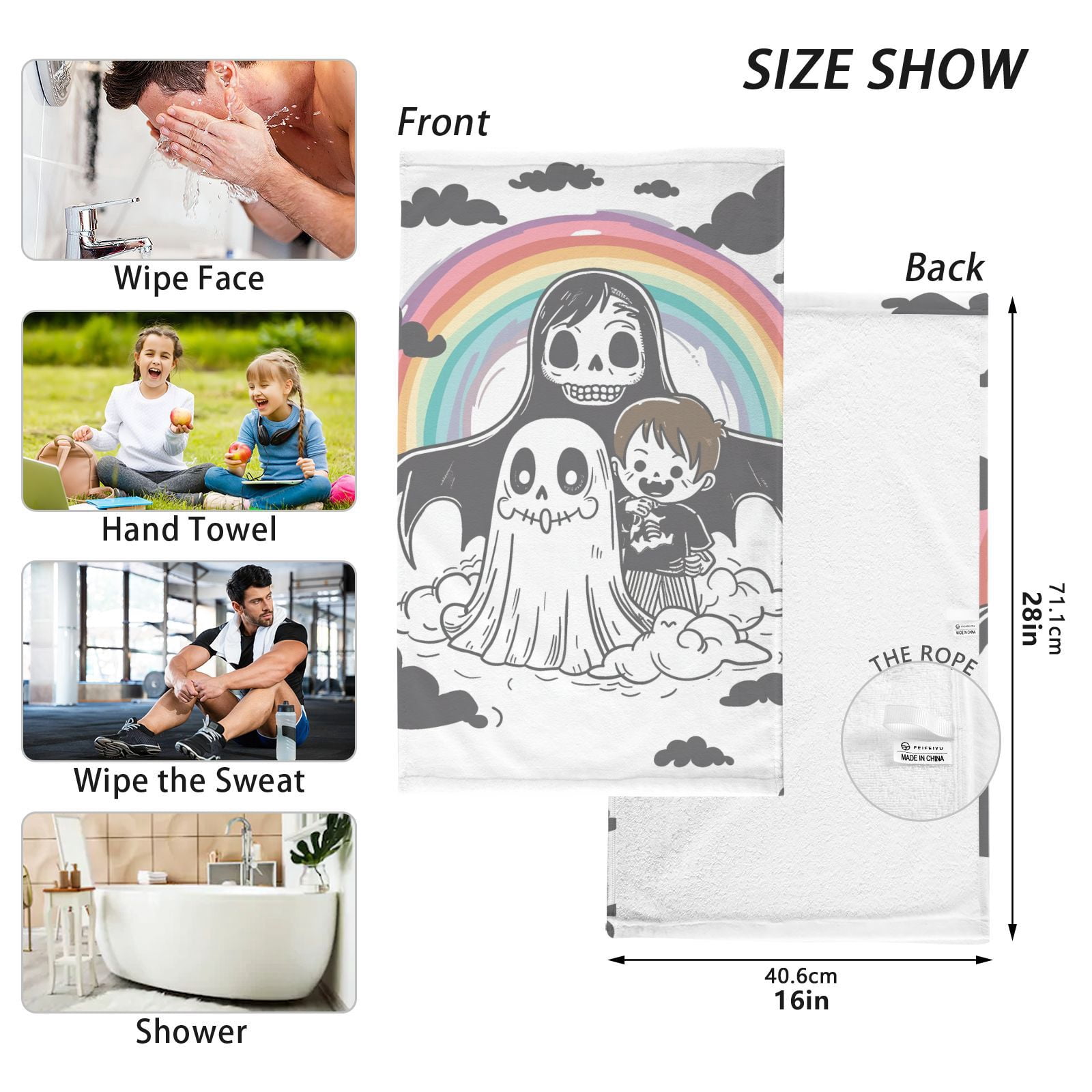Rainbow Gost Hand Towels Cotton Bath Towels Large Face Towels Absorbent for Bathroom 2 Packs