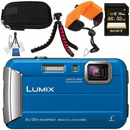 Panasonic Lumix DMC-TS30 Digital Camera (Blue) DMC-TS30/BL + Sony 32GB SDHC Card + Small Carrying Case + Waterproof Floating Strap + Flexible Tripod + Deluxe Cleaning Kit (Best Small Waterproof Camera)