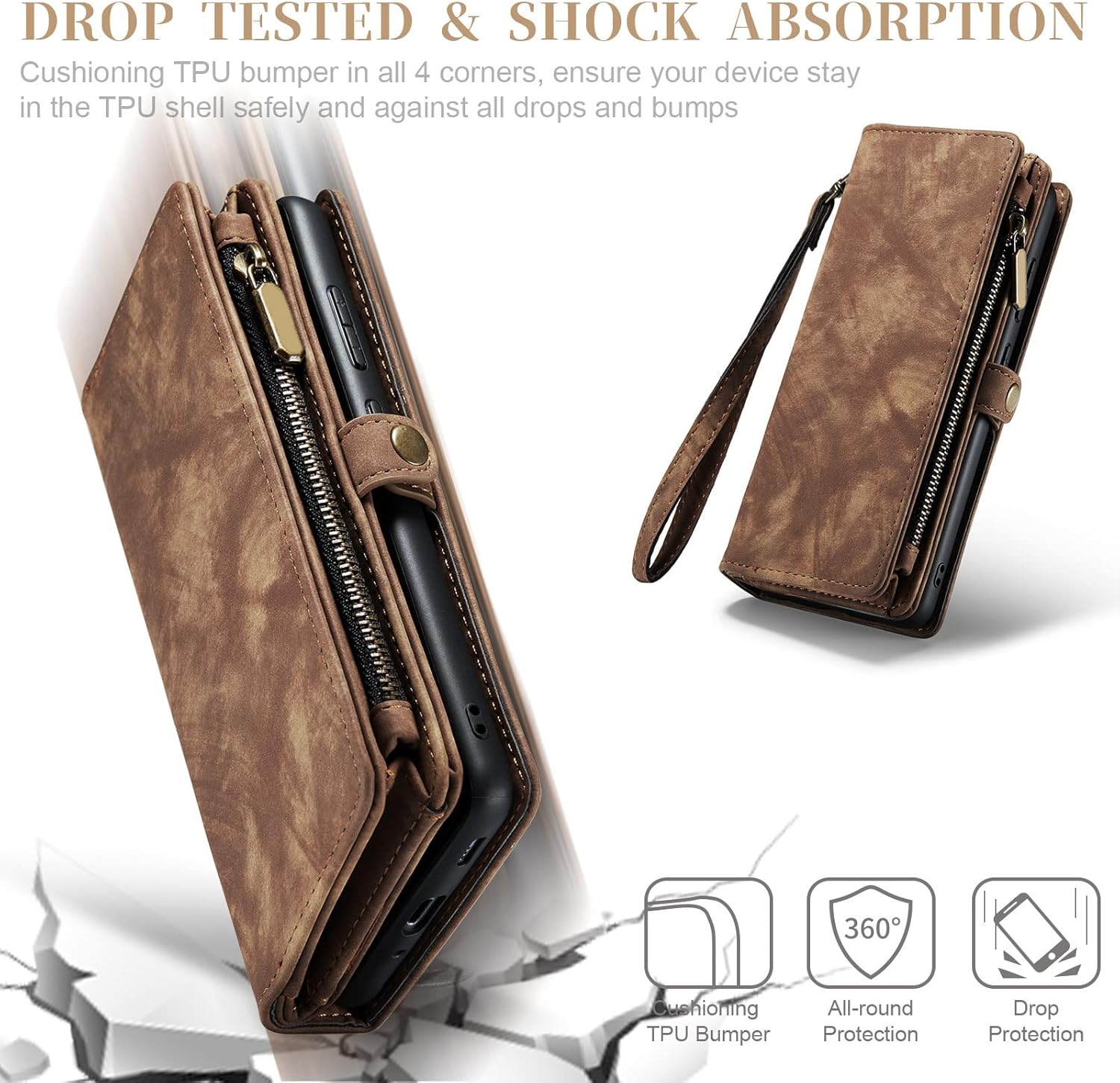 Asuwish Phone Case for Samsung Galaxy S20 Plus S20+ 5G Zipper Wallet Detachable Cell Cover with Tempered Glass Screen Protector Strap Flip Card Holder S20+5G S20plus 20S + S2O S 20 20+ G5 Women Brown