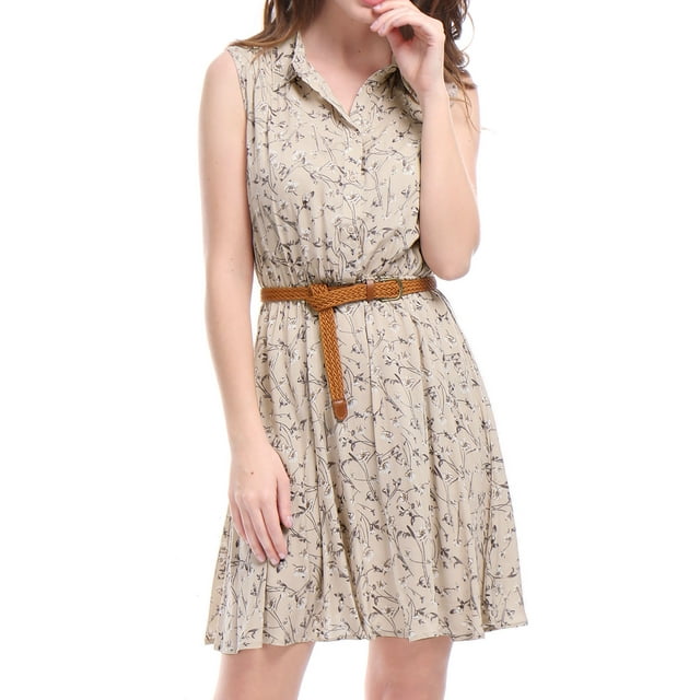 INSPIRE CHIC Robe-Chemise Sans Manches à Imprimés Floraux pour Femmes avec Ceinture Noir Rose P