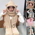 thumbnail image 3 of Women Cute Bear Ear Hat 3 in 1 Animal Hat Scarf Gloves, Warm Plush Hoodie Cap Gloves Mitten Scarf Set Winter Novelty Beanies Caps, 3 of 8