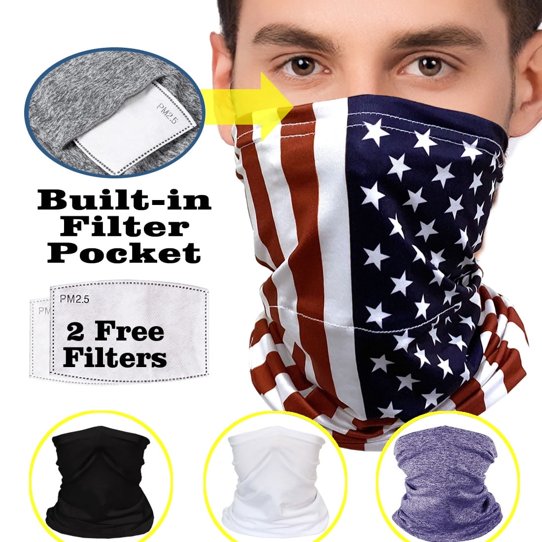 Cleanbreath Reusable Neck Gaiter with Filter Insert Fashionable Cooling Face Covering Bandanas for Men/Women 