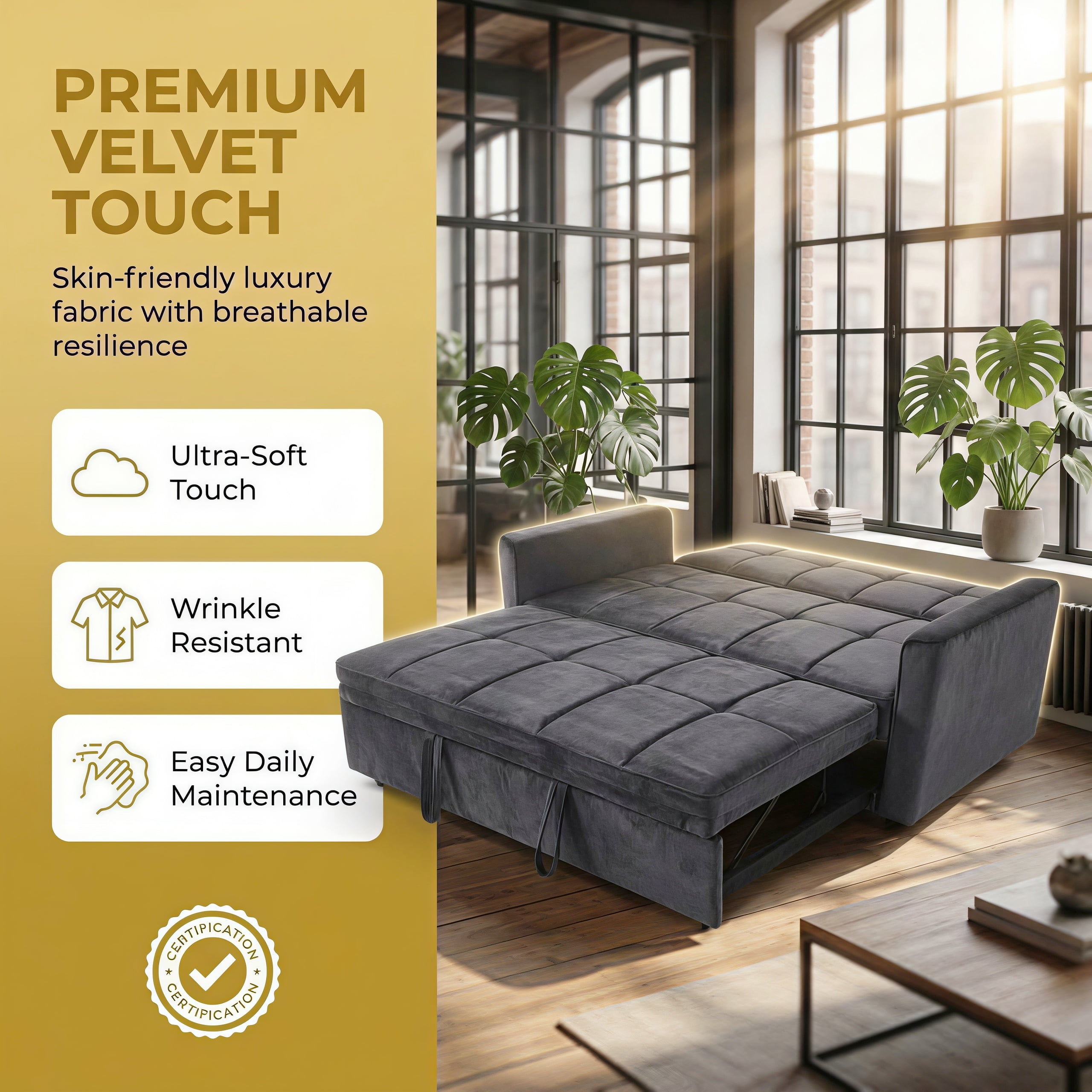 54" Convertible Sleeper Sofa Bed, Modern Velvet 3-in-1 Pull Out Loveseat Couch with 5-Position Backrest & Side Storage Pocket for Living Room, DarkGray