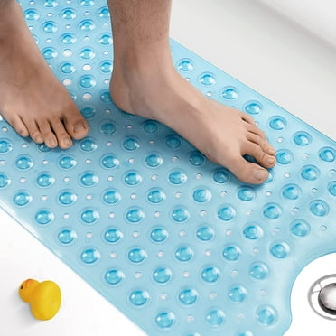Bath Mat for Tub, Non Slip Bathtub Mat, 40 x 16 Inch Extra Long Bath Tub Mat, Machine Washable Bathroom Shower Mat with Suction Cups and Drain Holes, Soft on Feet, Clear Blue