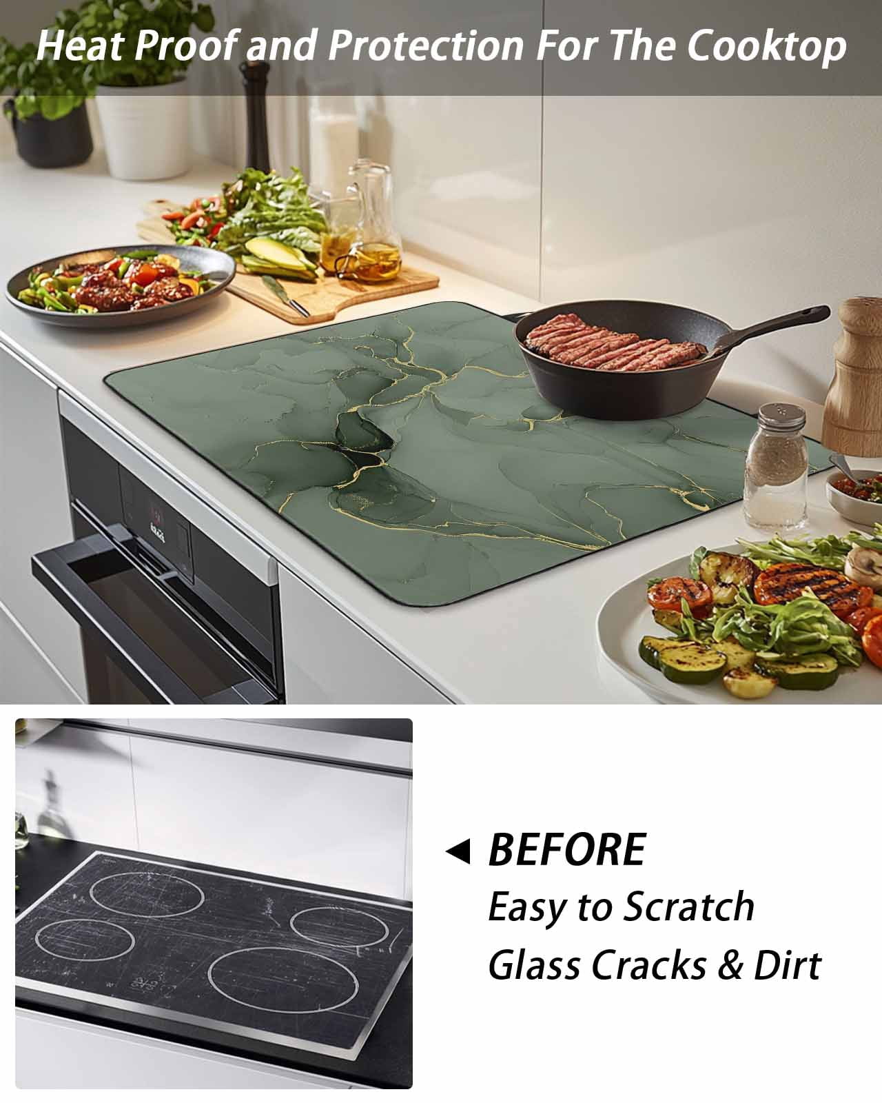 Stove Top Covers for Electric Stove, Sage Green Marble Glass Stovetop Cover Protector, Modern Abstract Art Ink Painting Induction Cooktop Protector Oven Mat for Kitchen Countertop 28.5"x20.5"