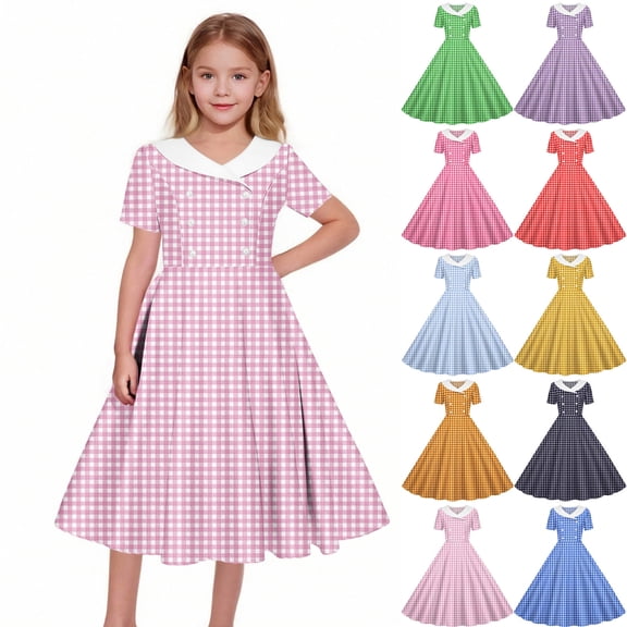 Afuyipoi Girls Vintage Plaid A-Line Dress (5-14 Years) Short Sleeve Turn-down Collar Button Down Skater Skirt for School Recital and Daily Wear Pink 7/8