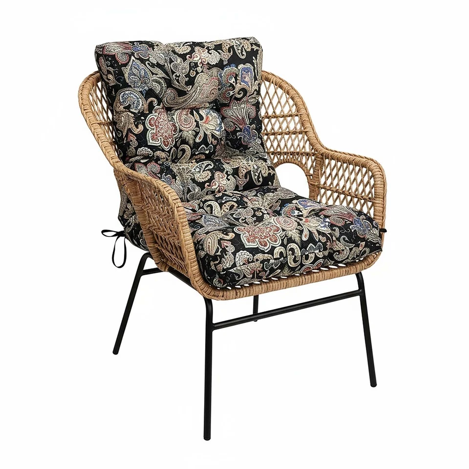 TOPCHANCES Indoor/Outdoor Chair Cushions 42'' x 21'' x 3", Waterproof Tufted Thick Patio Wicker Chair Seat Cushion Rocking Chair Cushion (Black & Printed, Set of 4)