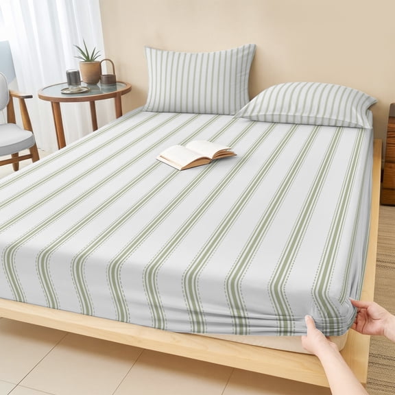 Cal.King Size Fitted Sheet Set - Sage Green Striped 3 Piece Bedding Sets 16" Deep Pocket Fitted Sheet with 2 Pillowcases, Sage Green White Stripes Farmhouse Brushed Microfiber Hotel Luxury Bed Sheets