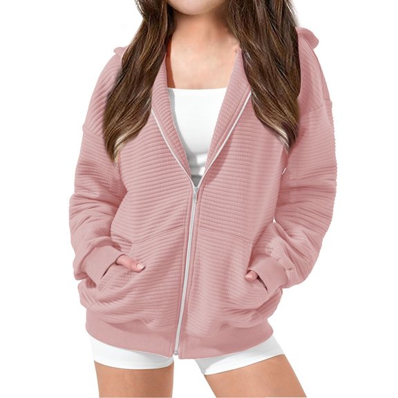 Tdoqot Girls Sweatshirt Jackets- Casual Fall Winter Loose Fit Zip Up Hoodies with Pockets Pink Size 10-12