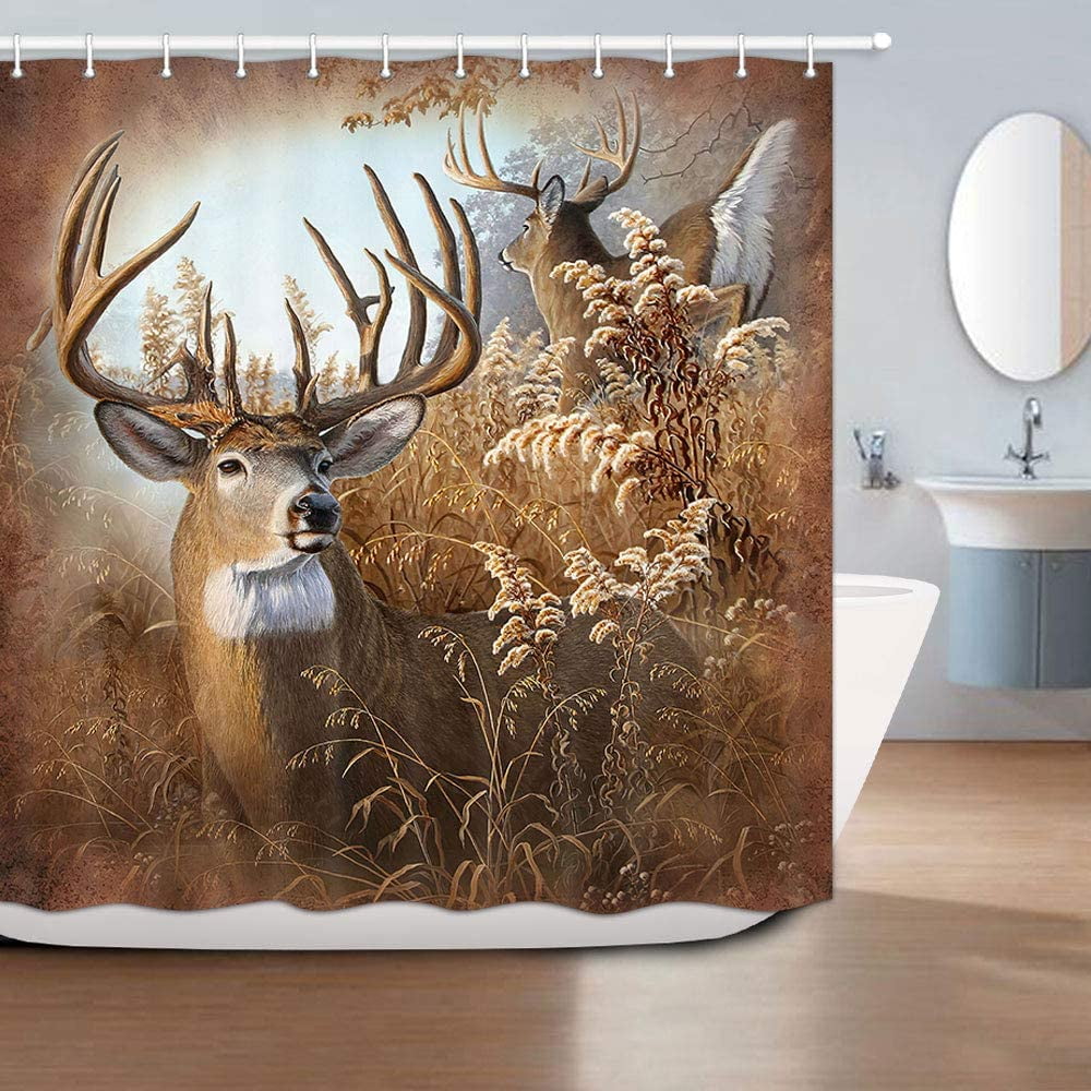 Deer Shower Curtain Whitetail Deer Fawn in Wilderness Fabric with Hooks Countryside Rural