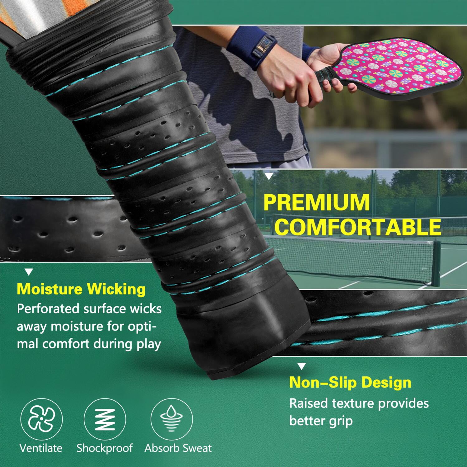 Pickleball Paddles Set Of 2, Fiberglass Surface, Sweet Candy Print, 4 Balls & Bag