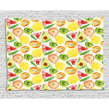 Fruits Tapestry, Paintbrush Mixed Plants Seed Splash Watermelon Peach Avocado Design, Wall Hanging for Bedroom Living Room Dorm Decor, 60W X 40L Inches, Yellow Orange Fern Green, by (Best Way To Plant Avocado Seed)