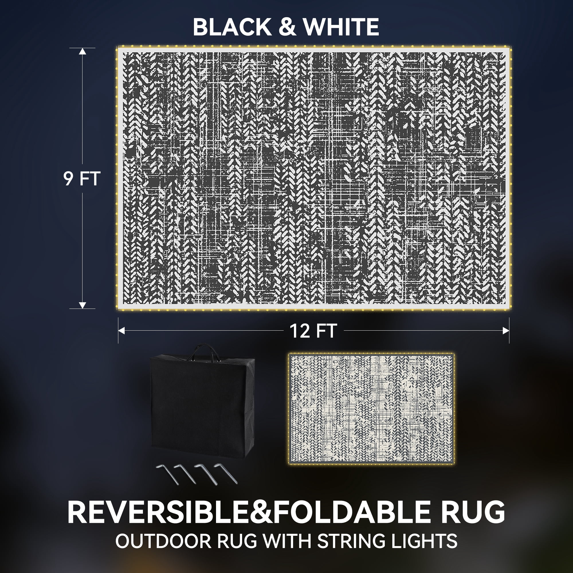 VUNATE Outdoor Rug 9'x12' with Led Light Strips Patio Rug Waterproof Woven Plastic Outdoor Mat for Picnic RV Porch Camping Reversible Outside Rug Black White