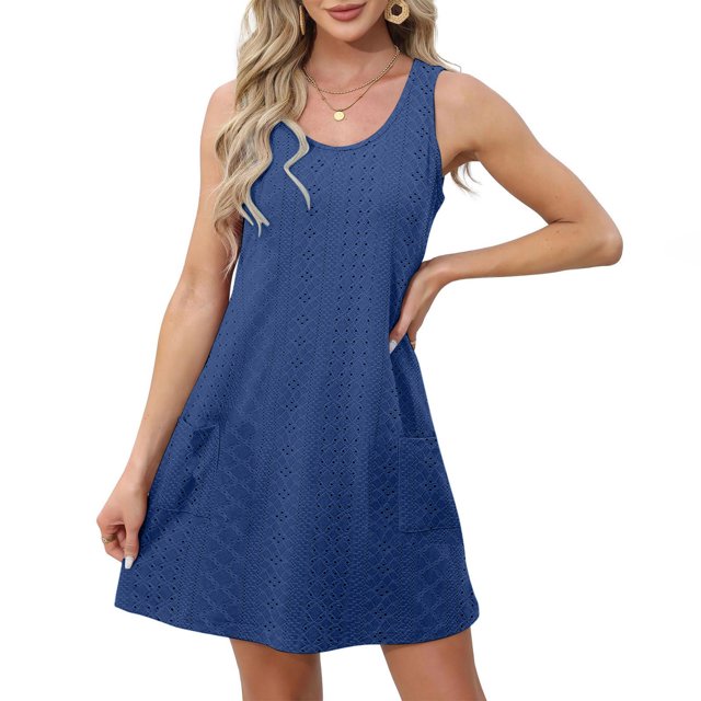 Liquidation d'Été 2025! Robe Grande Taille pour Femmes, Liquidation d'Été pour Femmes, Mode Femmes Été Poche Décontractée Robe Mini Sans Manches Col Rond