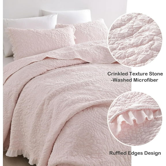 Pink Ruffled Quilt Queen Size, Stone-Washed Microfiber Lightweight Crinkled Farmhouse Rustic Shabby Chic Bedding Set, 3 Pieces Reversible Bedspread with Pillow Shams for All Season