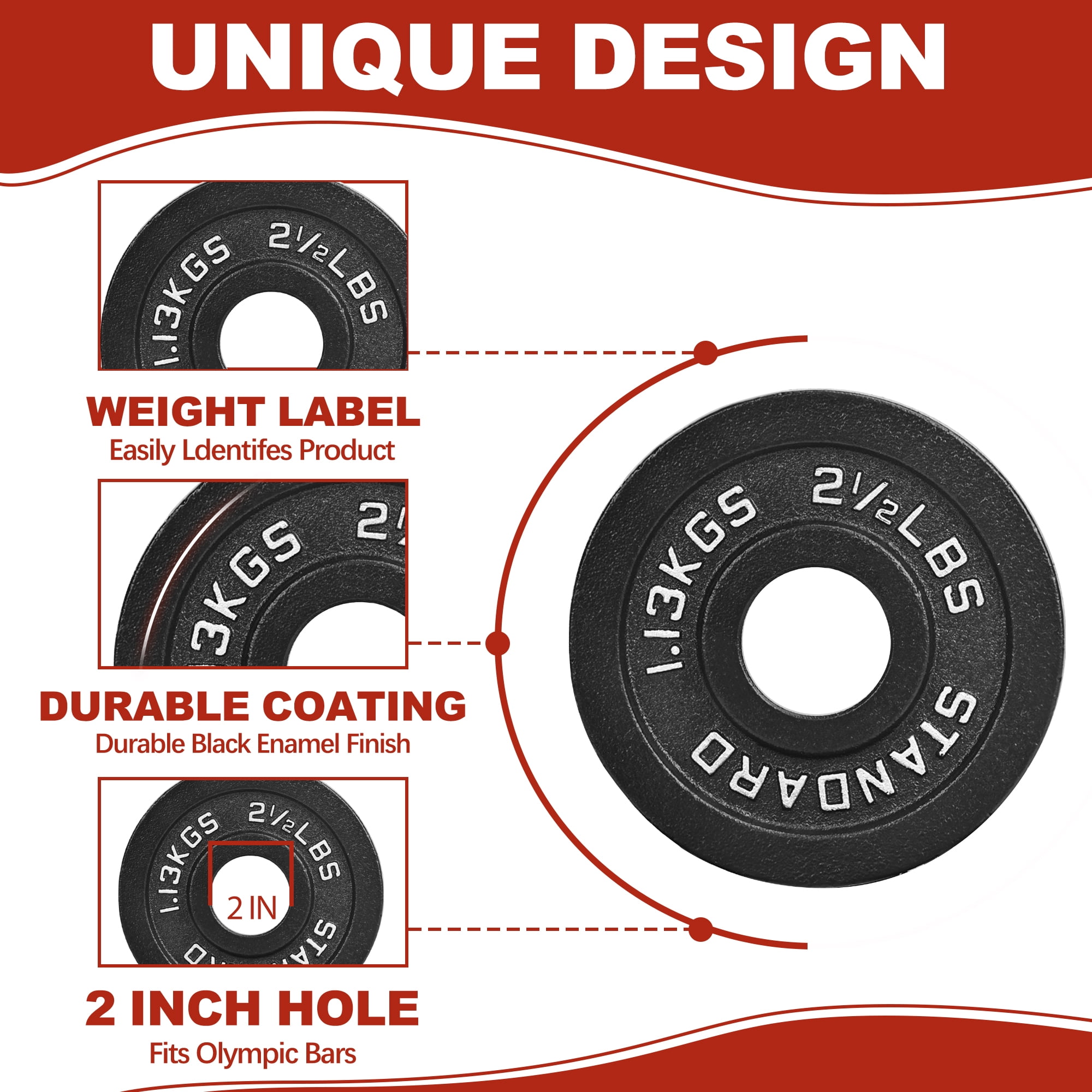 FlexWave Cast Iron Barbell Plates, 2-Inch Hole, Black with Silver Numbers, 10LB Set, for Standard Barbells, Dumbbells & Home Gym Strength Training