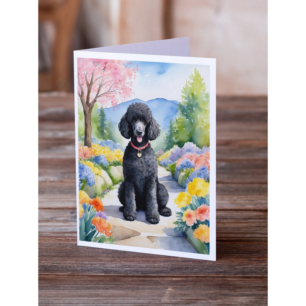 Black Poodle Spring Path Greeting Cards Pack of 8 7 in x 5 in