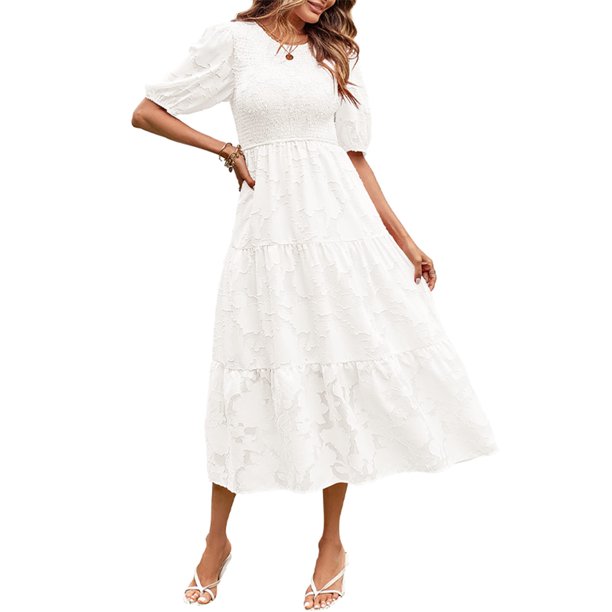 Lucakuins - Vestido midi de verano para mujer, línea A, manga corta, cuello redondo, cintura alta, vestido floral de encaje Lucakuins moda