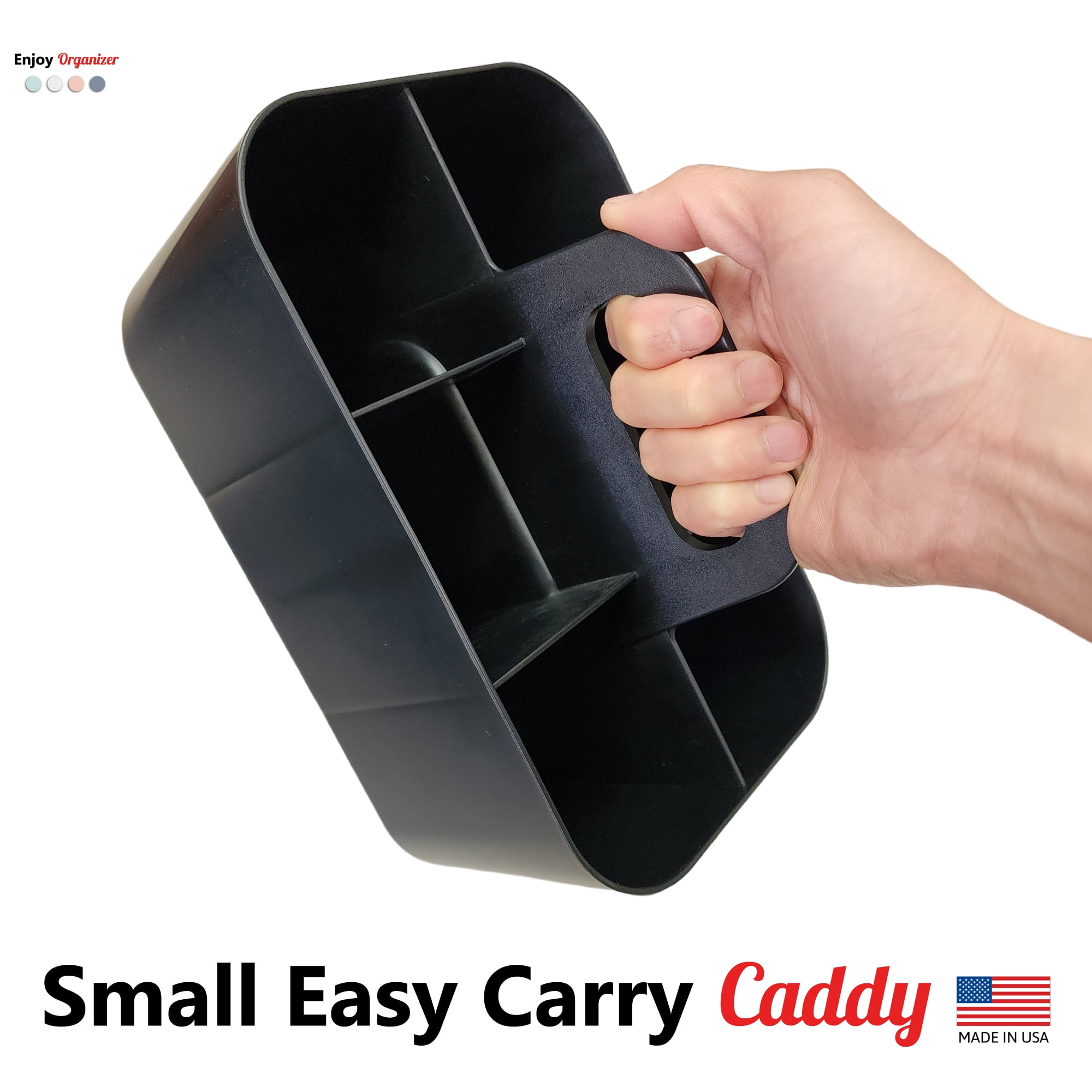 Enjoy Organizer - Small Stackable Plastic Caddy with Handle 6 Compartment | Desk, Makeup, Dorm Caddy, Classroom Art Organizers - 4 Pack, Made In USA (Black)