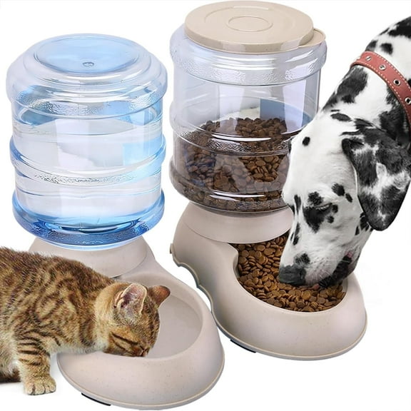 2 Pack Automatic Cat Feeder and Water Dispenser in Set Pet Food Bowl for Small Medium Dog Pets Puppy Kitten Big Capacity 1 Gallon x 2 (Cream)