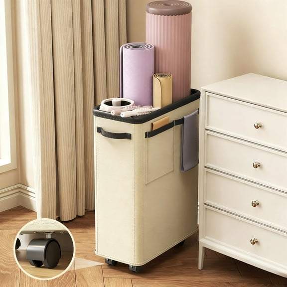 Slim Laundry Hamper with Wheels - Rolling Laundry Basket for Clothes, Small Laundry Basket for Bedroom, Dorm and Laundry Room - Beige