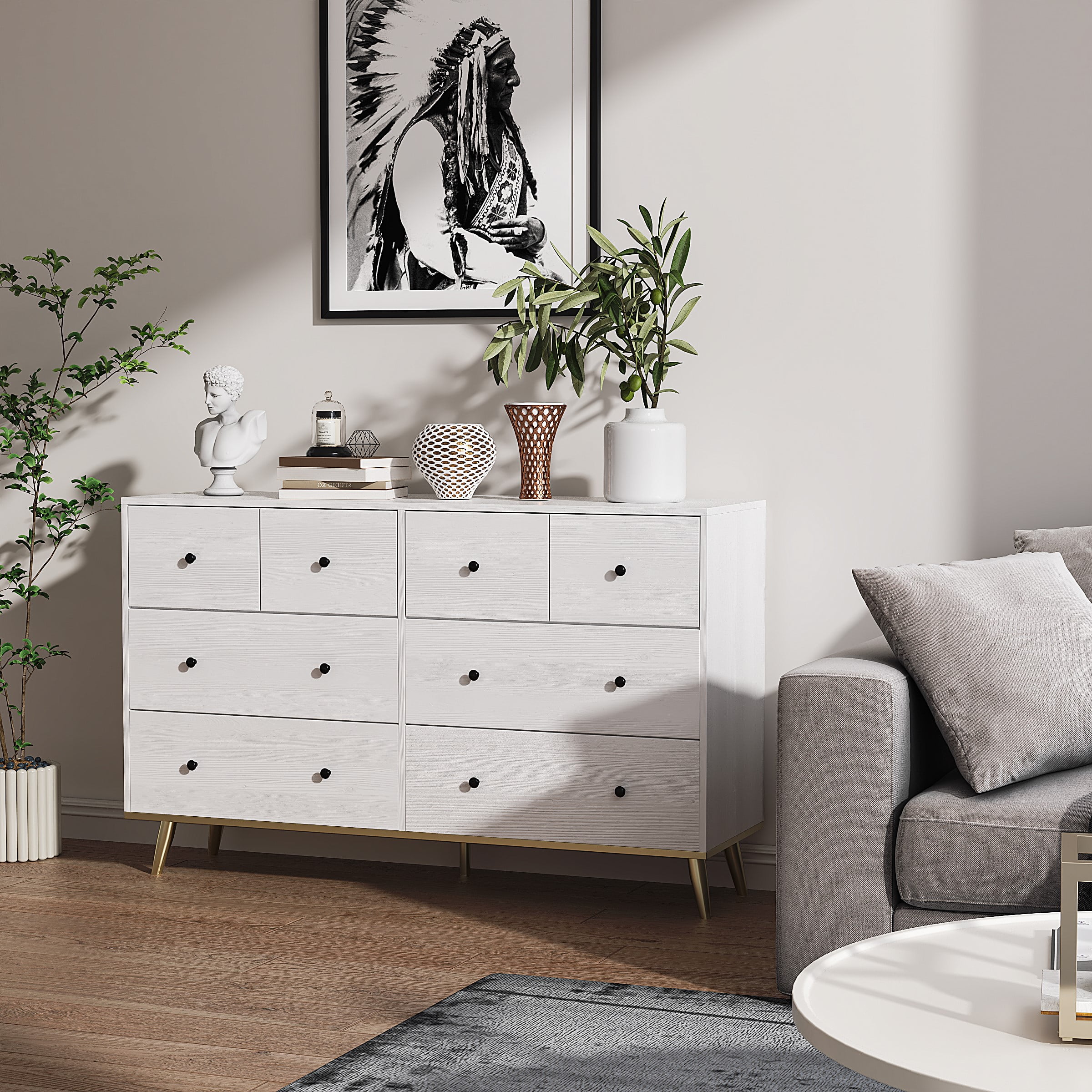 Resenkos Modern 8 Wide Drawer Long Dresser Chest of Drawers Wooden Storage Organizer Cabinet for Bedroom White