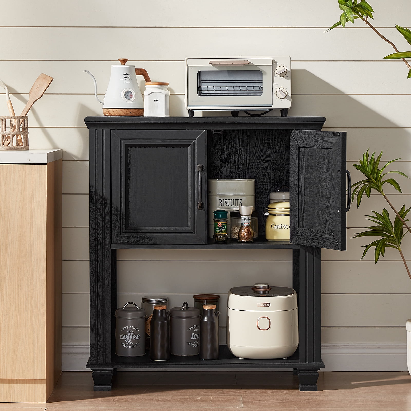 Buildhom Farmhouse Coffee Bar Cabinet with 2 Doors & Open Shelf, Kitchen Storage Station for Dining Room, Living Room, Black