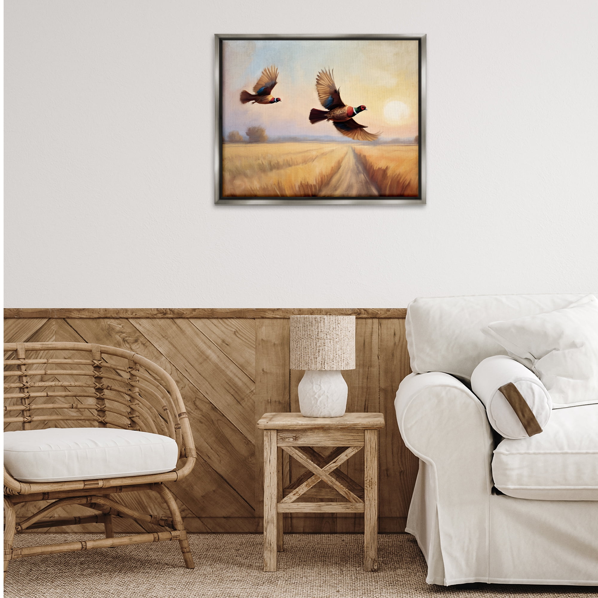 Stupell Industries Fall Flight Pheasants Landscape & Nature Painting Gray Floater Framed Canvas Art Print Wall Art, 31 x 25
