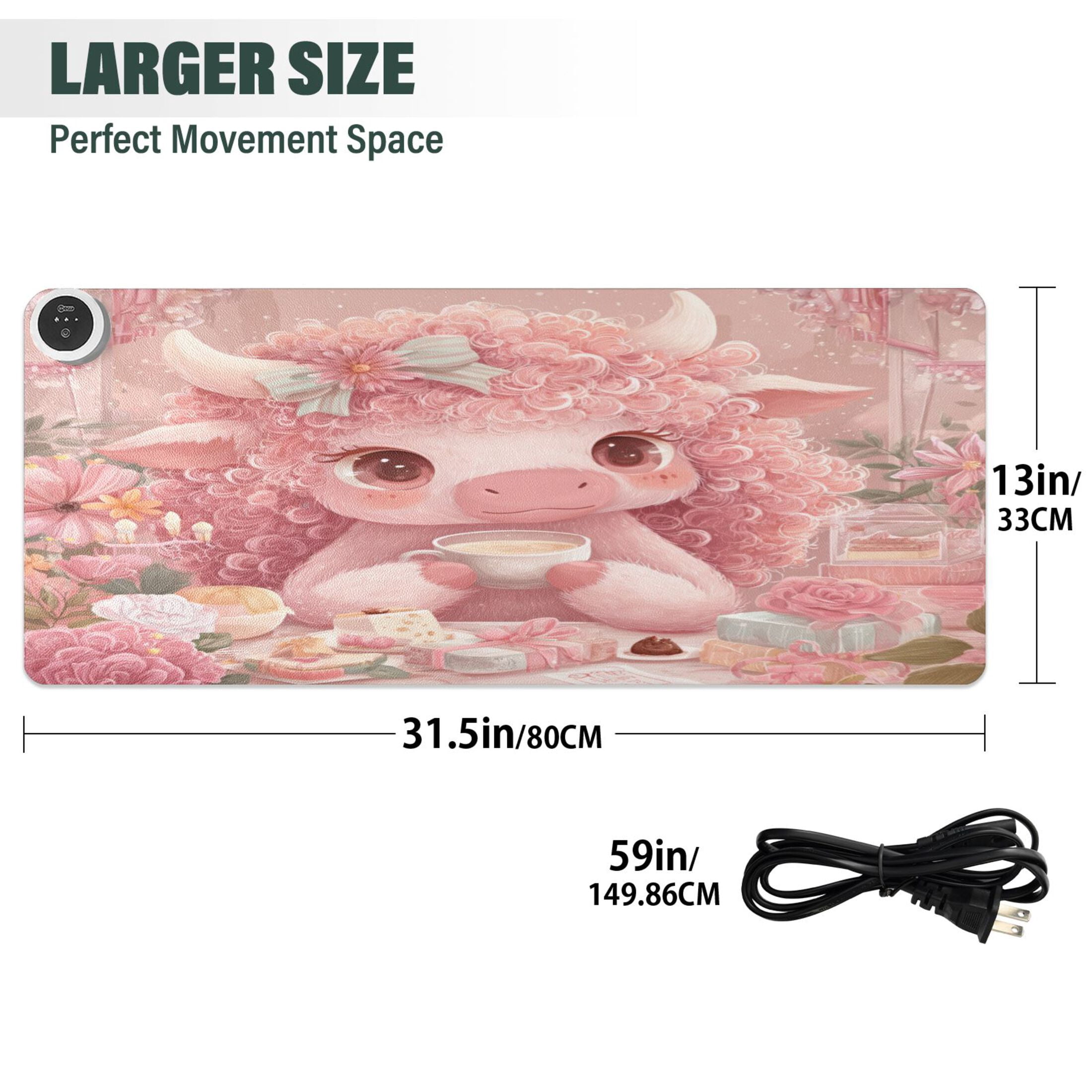 Large Heated Desk Mat Mouse Pad 31.5"x13"PU Leather Graphene Heating Desk Warmer with 3 Temperature Settings 110V US Plug Non-Slip Warm Pad for Home, Office, and Gaming Cute Little Pink Cow