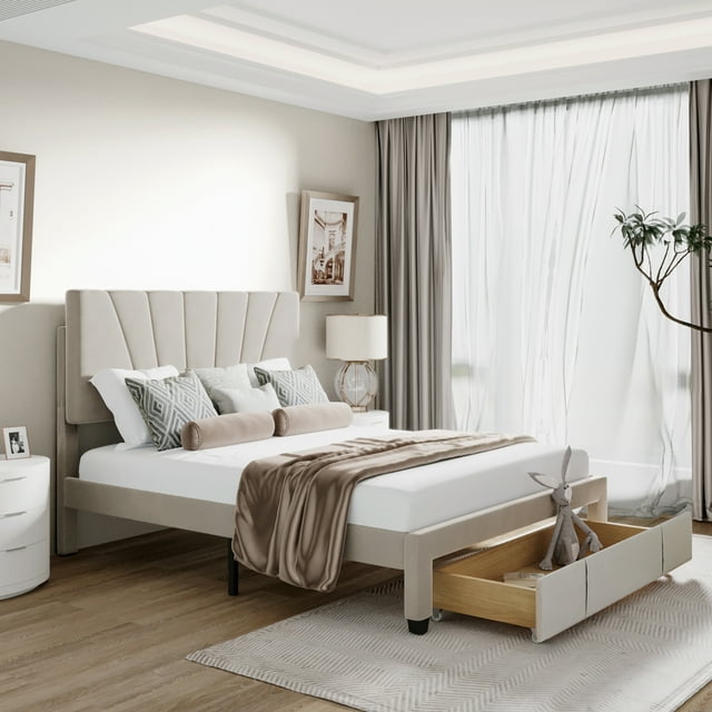 Queen Platform Bed Frame with Storage, Beige Velvet Upholstered Platform Bed with Headboard/Drawer, Modern Bedroom Furniture, Queen Size Bed Frame for Adult, Support 500lb, No Box Spring Needed, J1877