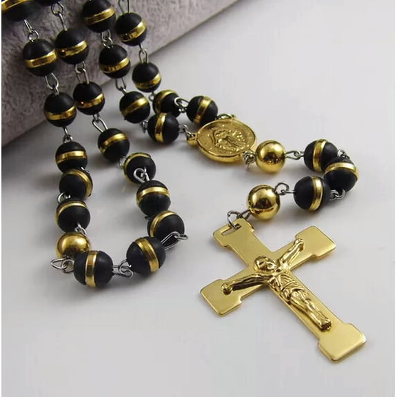 HOOUN 28'' Mens 8mm Silicone Rosary Black Gold Chain Necklace Stainless steel Cross