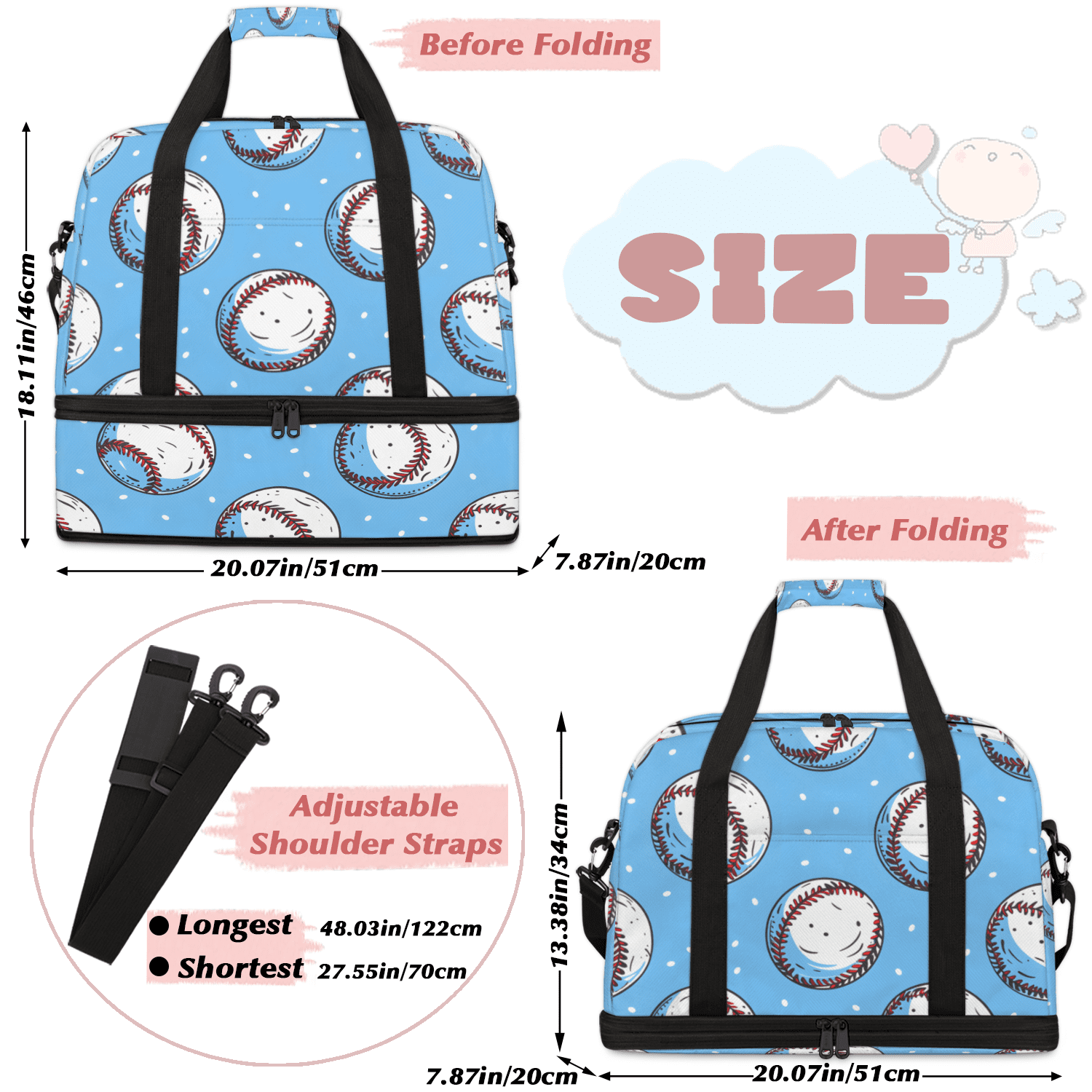 Herdesigns Baseball Sports Travel Duffel Bag with Shoe Compartment Cool Ball Large Foldable Waterproof Weekend Overnight Bag for Beach Swim Pool Bags Sports Gym