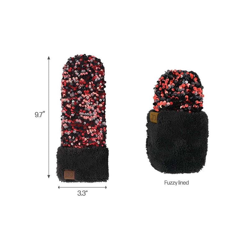 C.C Women Fuzzy Lined Sequin Fur Pom Beanie & Mitten Set  display picture 2