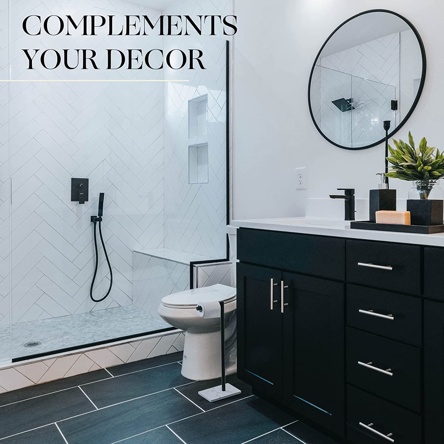 Marmolux Acc Matte Black Toilet Paper Holder Free Standing W/ White Marble Base Storage for Bathroom