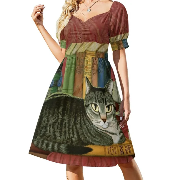 Vestido sin mangas de gato de biblioteca de gatos literarios clásicos ropa de verano para mujer vestidos de novia para mujer vestido de playa