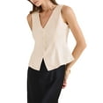 thumbnail image 4 of INSPIRE CHIC Women's Casual Sleeveless Vest Button Down Fully Lined Business Jacket Waistcoat M Beige, 4 of 6