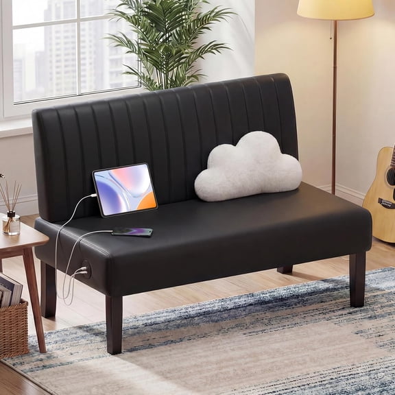 LAZZO 43" Mini Armless Loveseat, Leather Upholstered Small Couch with USB Charging Port for Small Living Spaces, Black