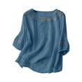 thumbnail image 2 of Embroidered 3/4 Sleeve Boho Tops Linen Clothing For Women Summer Blouses For Women Summer Linen Tops Peasant Blouse Linen T Shirts For Women Loose Fit Tee Shirt Women Beach Vacation Tshirts Blue 2XL, 2 of 8