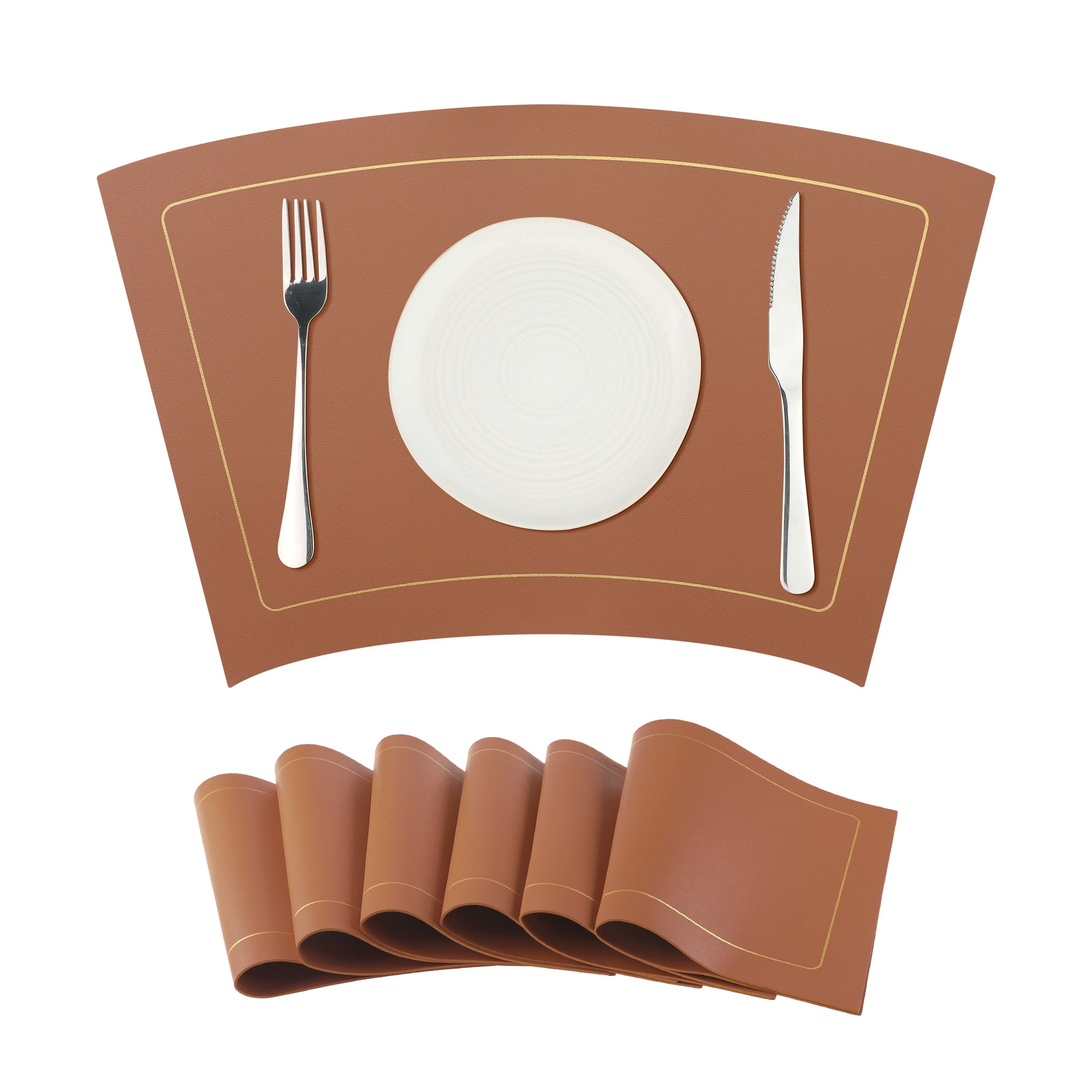 Unique Bargains Set of 6 Wedge Faux Leather Heat Resistant Wipe Clean Round Table Mats Brown