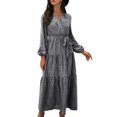 thumbnail image 3 of Vestido largo de manga larga con cuello en V hasta el tobillo estampado floral de moda vestido largo de manga larga con lazo en la cintura dobladillo con volantes para mujer ANGGREK Otros, 3 of 6