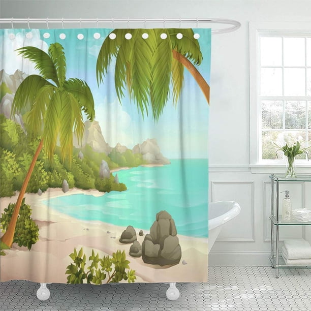 ABPHQTO Isla azul Playa Tropical Paisaje de dibujos animados Jungle Shore Vacaciones Mar hermoso Juego de cortinas de ducha de baño a prueba de agua 165x180 cm ABPHQTO PKNMT66x72Shower-10599
