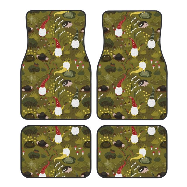 Balery Gnomes Playing in the Garden Juego de 4 Alfombrillas para Auto, Revestimientos de Caucho Resistente, Diseño Antideslizante